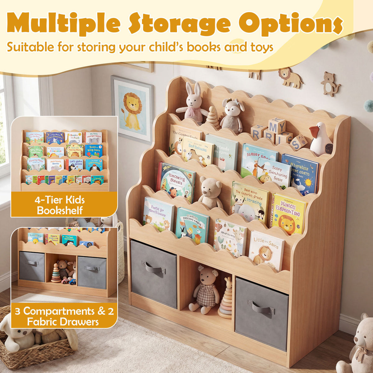 The kids storage unit with text overlays highlighting the multiple storage options available