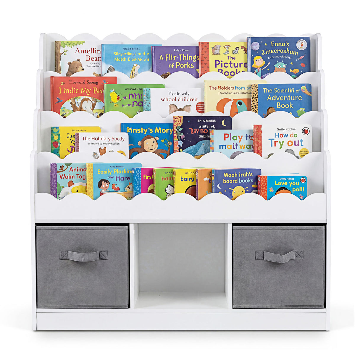 The white kids storage unit filled with a variety of children's books on its shelves