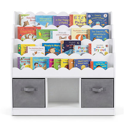 The white kids storage unit filled with a variety of children's books on its shelves