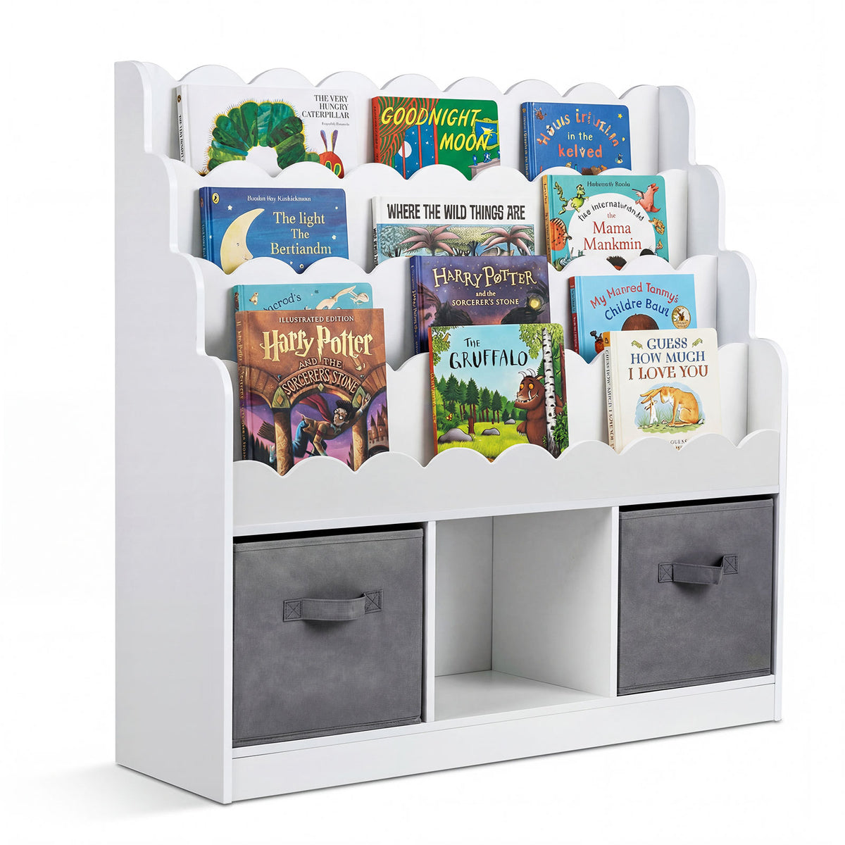 4-Tier Kids Bookshelf and Toy Storage with 2 Foldable Fabric Drawers-White, front view with books and drawers