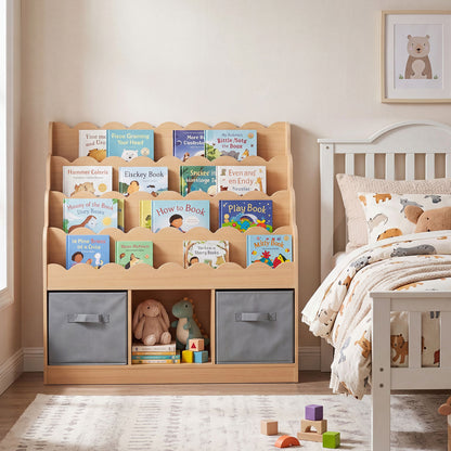 The kids storage unit placed in a bedroom next to a bed with books displayed on the shelves