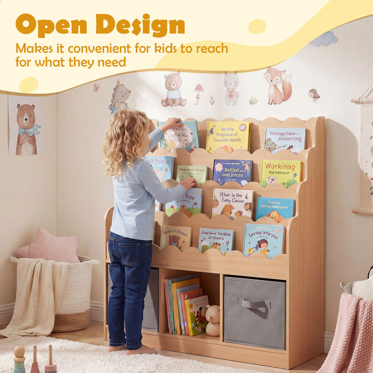 A child reaching for a book on the open shelves of the kids storage unit in a playroom