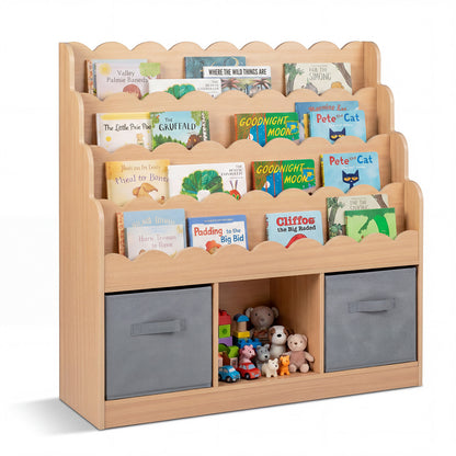 4-Tier Kids Bookshelf and Toy Storage filled with books and toys in the lower storage compartments