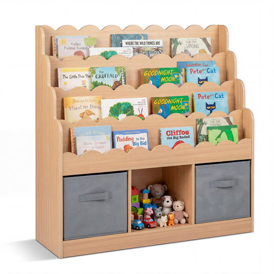 4-Tier Kids Bookshelf and Toy Storage filled with books and toys in the lower storage compartments