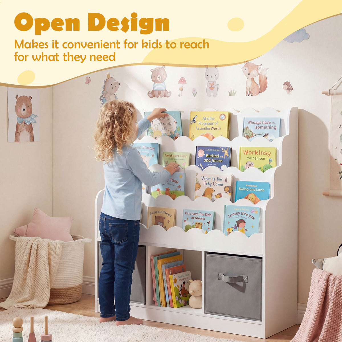 A child reaching for a book on the white kids storage unit, showing open design
