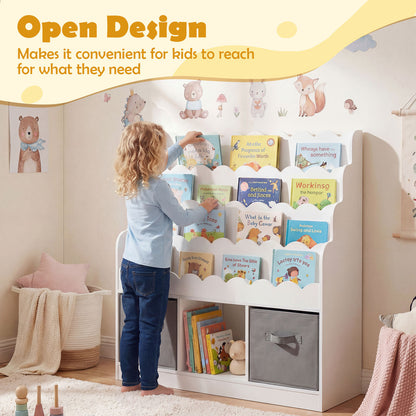 A child reaching for a book on the white kids storage unit, showing open design