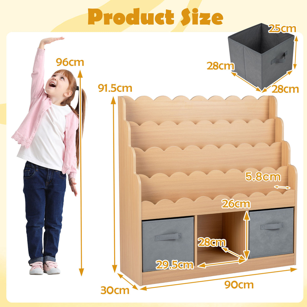 The kids storage unit shown with various measurements and a child standing next to it