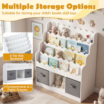 Multiple storage options for the kids storage unit, showing shelves and fabric drawers