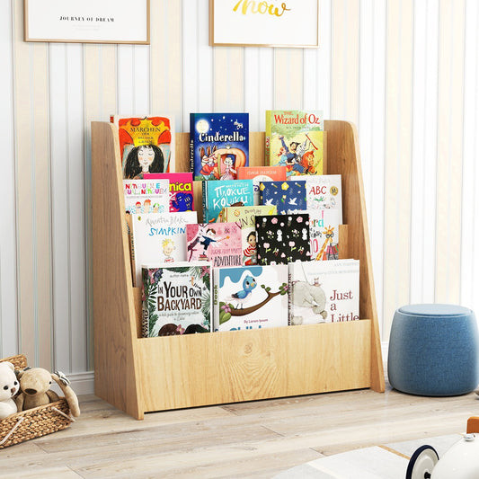The wooden kids bookshelf standing on a light floor next to a blue stool