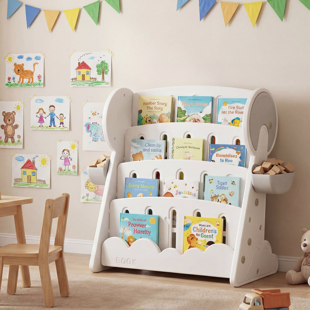 The kids storage unit in a room with books and toys on shelves and drawings on the wall