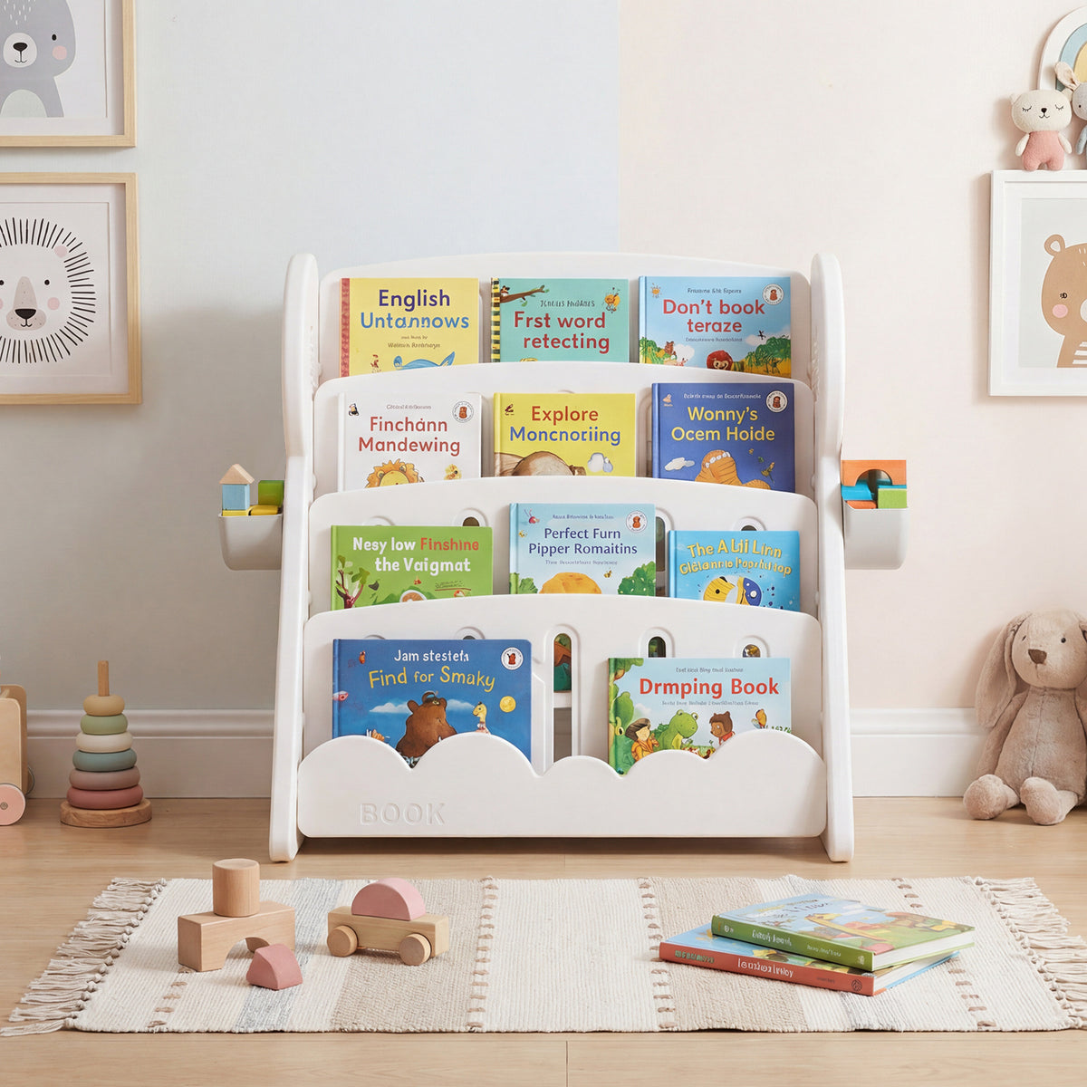 The kids storage unit filled with books in a cosy room setting