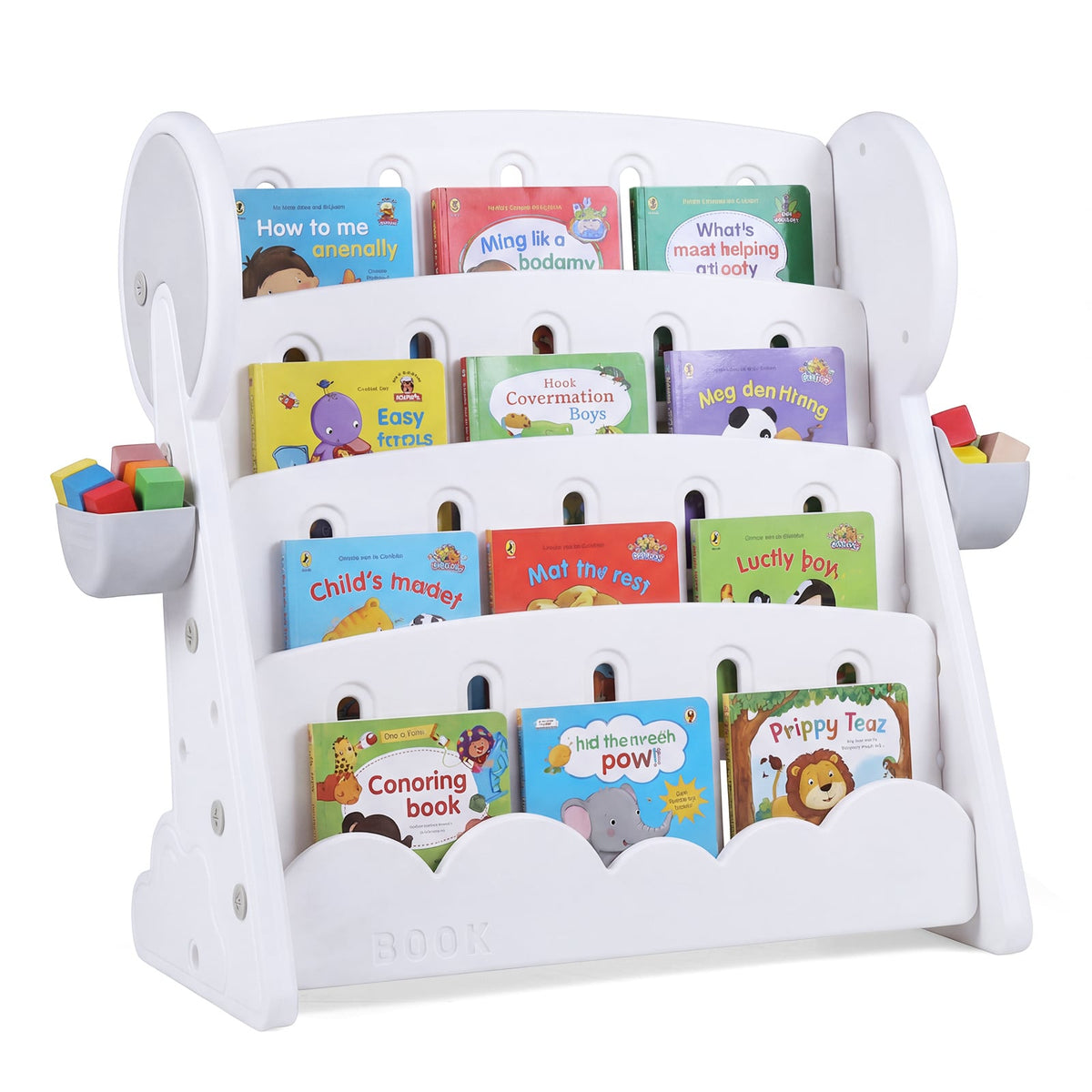 4-Tier Kids Bookshelf with side storage boxes and reversible bottom shelf in grey and white