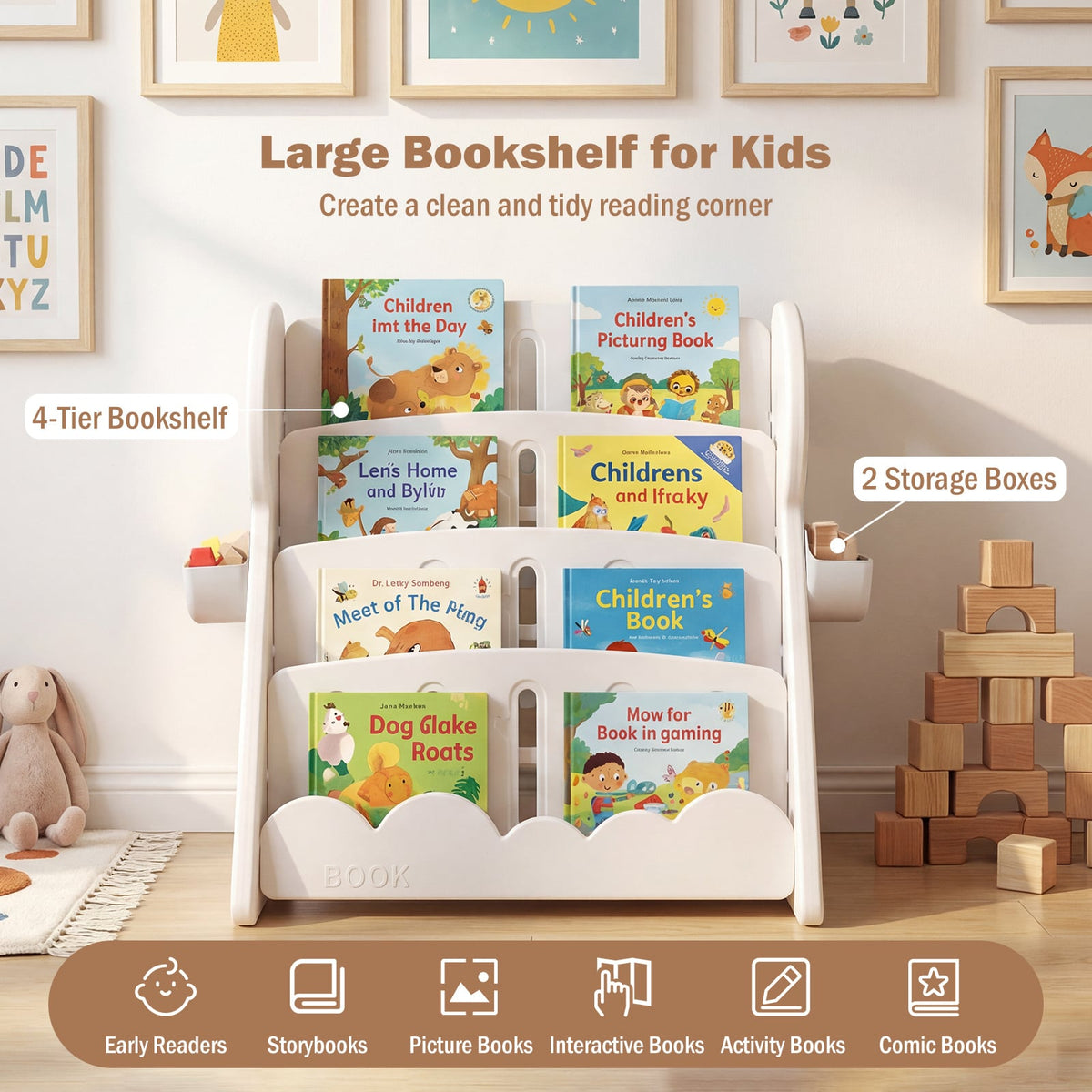 The 4-tier kids bookshelf with storage boxes and reversible shelf