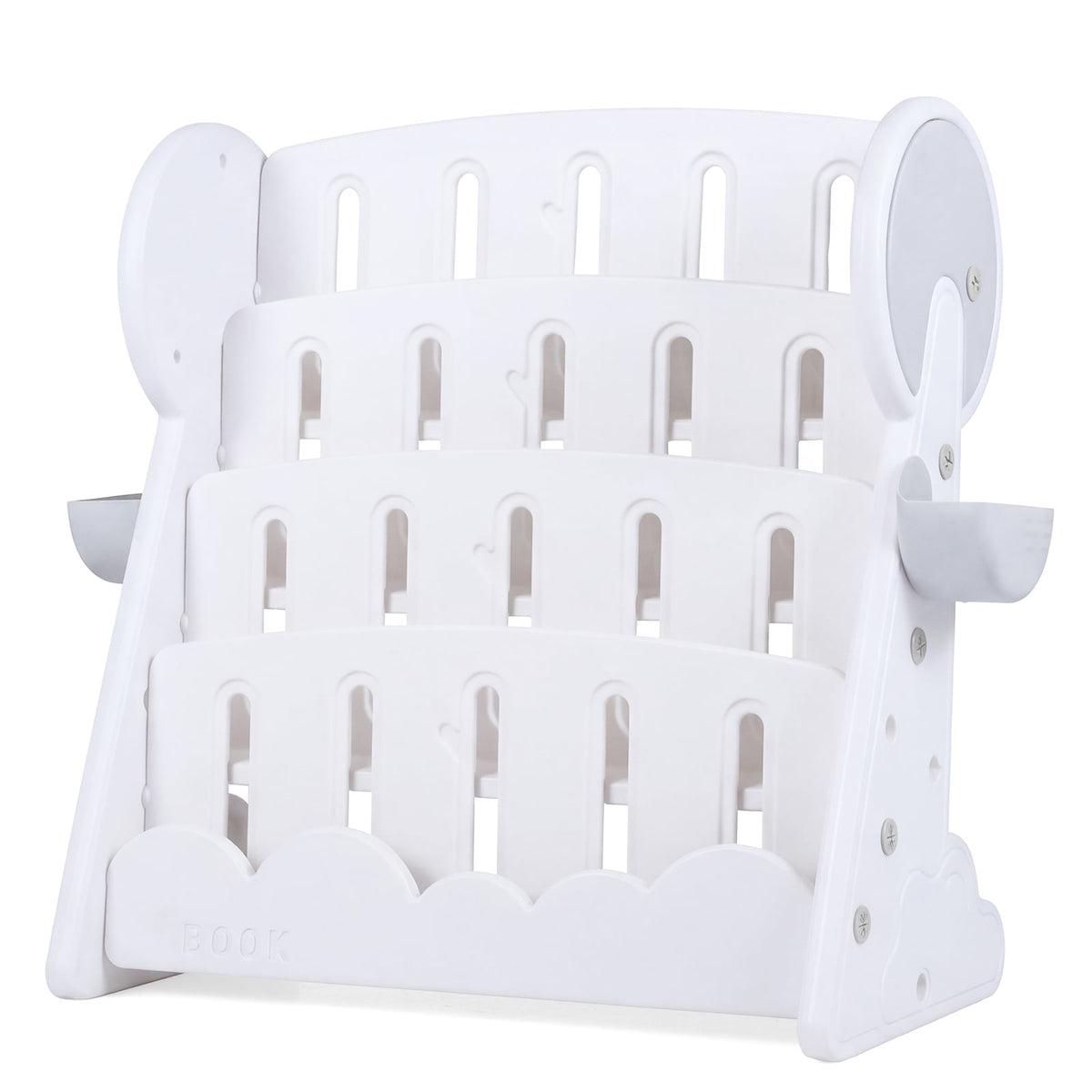The white kids storage unit from the front showing the four shelves and side boxes