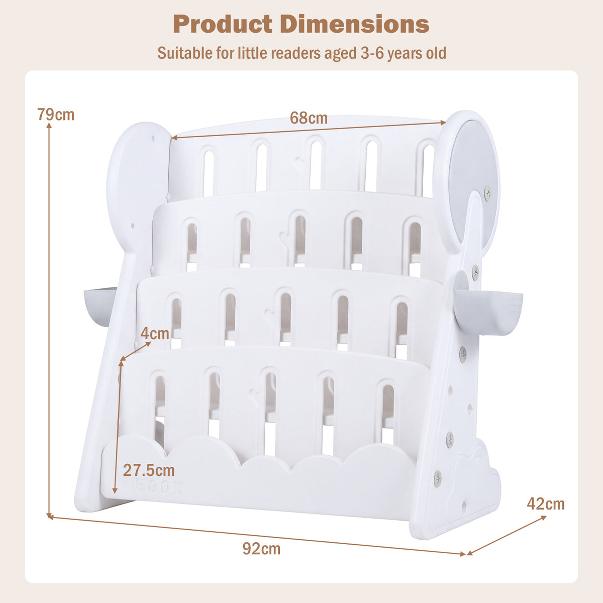 Dimensions diagram for the kids storage unit showing height width and depth