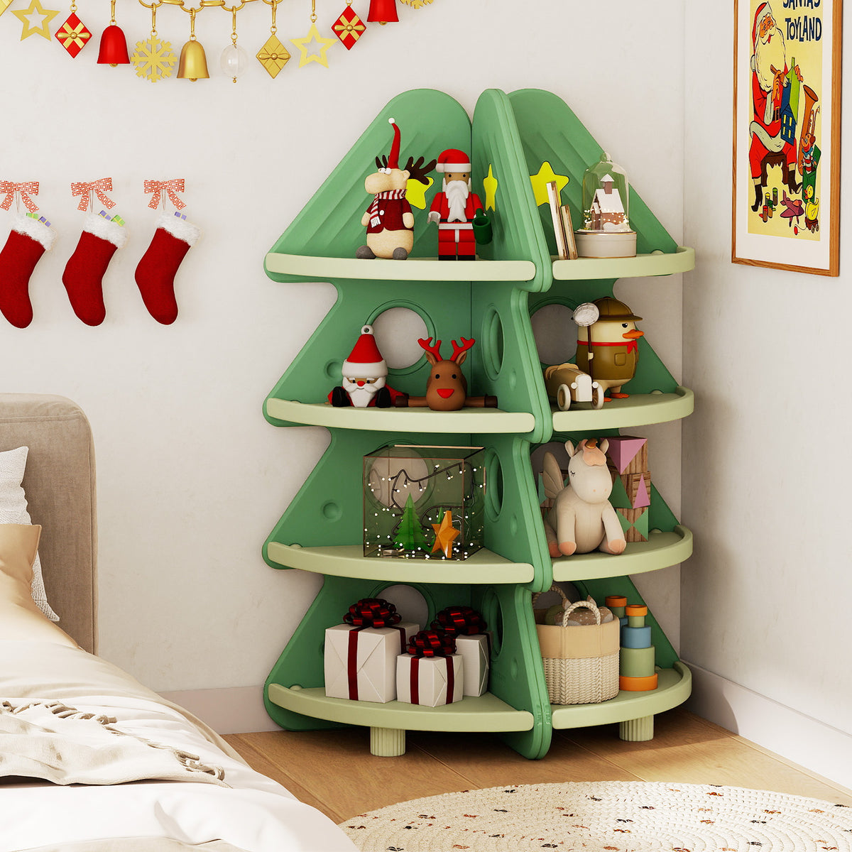 The green tree shaped bookshelf in a child's bedroom with decorations