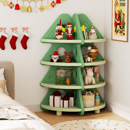The green tree shaped bookshelf in a child's bedroom with decorations