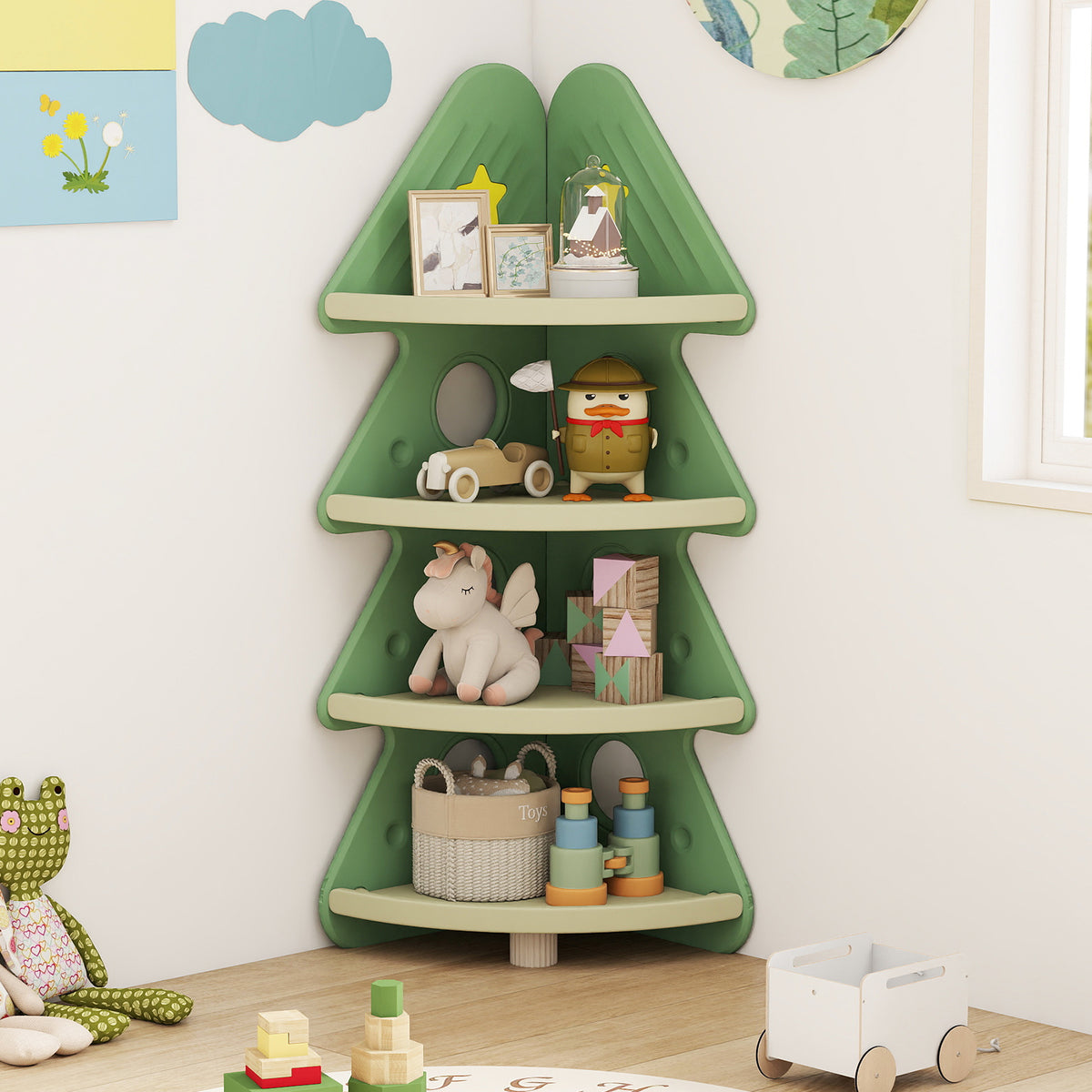 The green kids storage unit filled with toys and books in a nursery