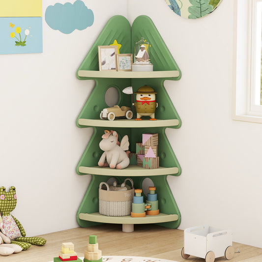 The green kids storage unit filled with toys and books in a nursery