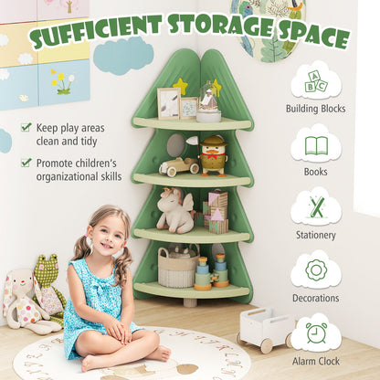 The green 4-tier kids corner bookshelf in a playroom with a child sitting nearby