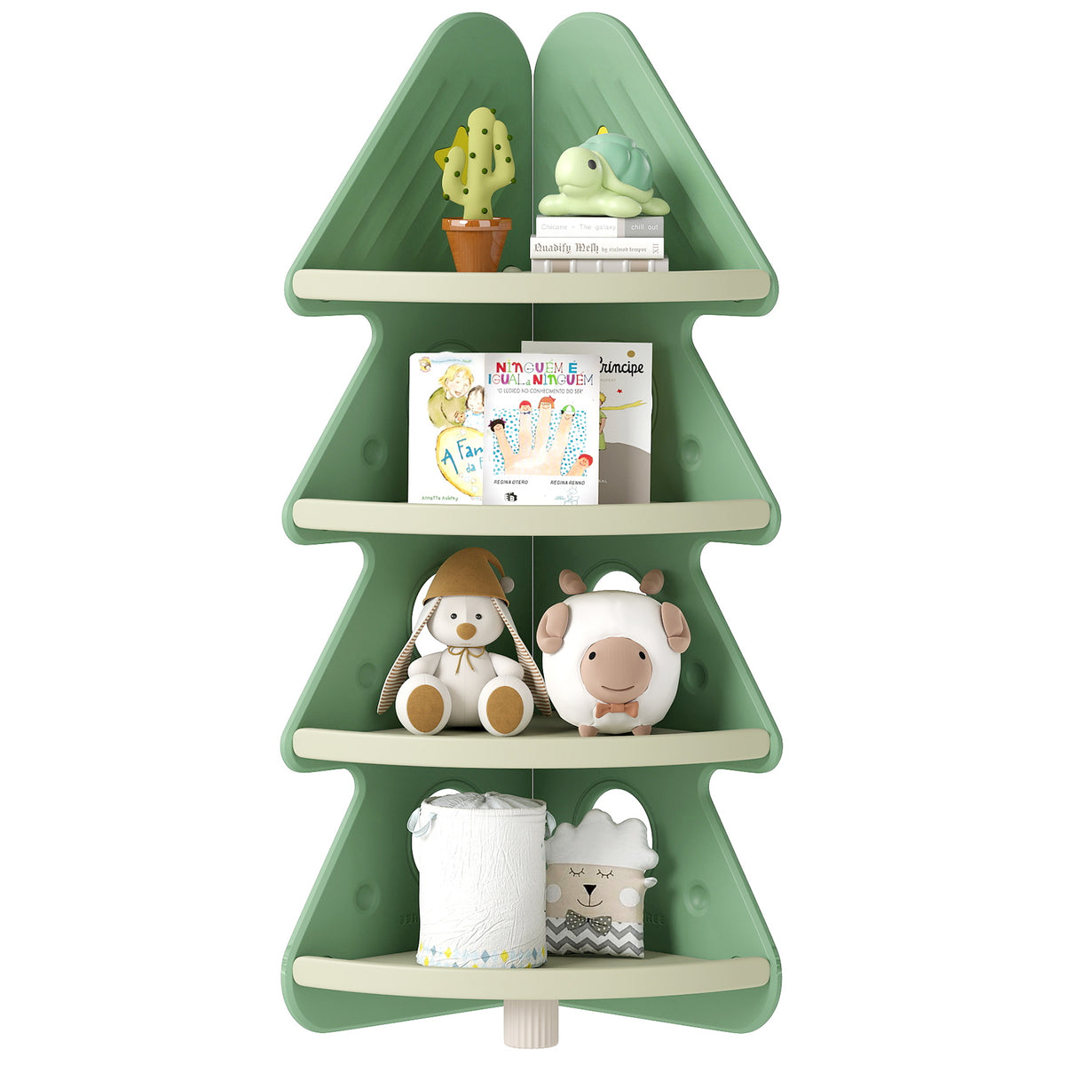 The green corner storage unit displaying stuffed animals and books