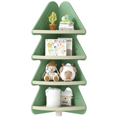The green corner storage unit displaying stuffed animals and books