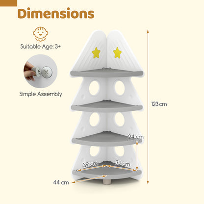 Dimensions diagram for the white corner shelving unit, showing height and shelf depth