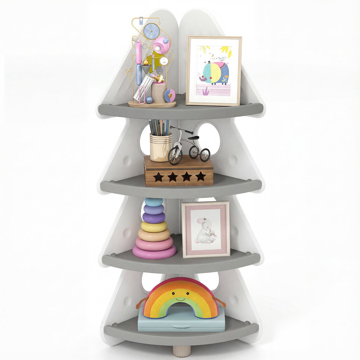 A white corner shelving unit with grey shelves and yellow stars, filled with children's items