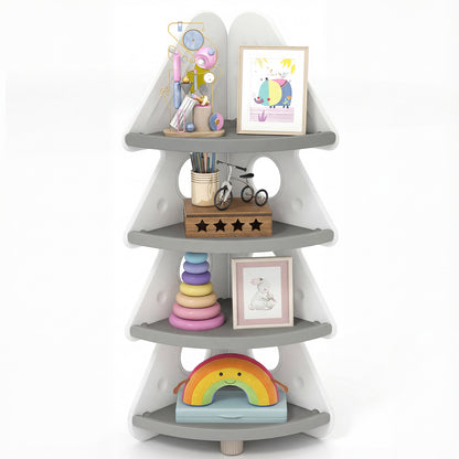 A white corner shelving unit with grey shelves and yellow stars, filled with children's items