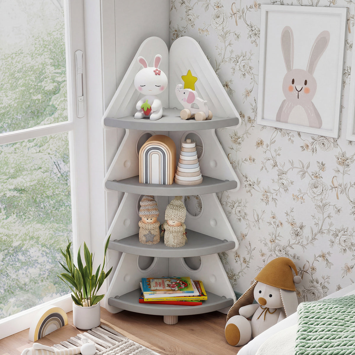 The corner bookshelf is displayed in a nursery next to a window, holding various decorative items