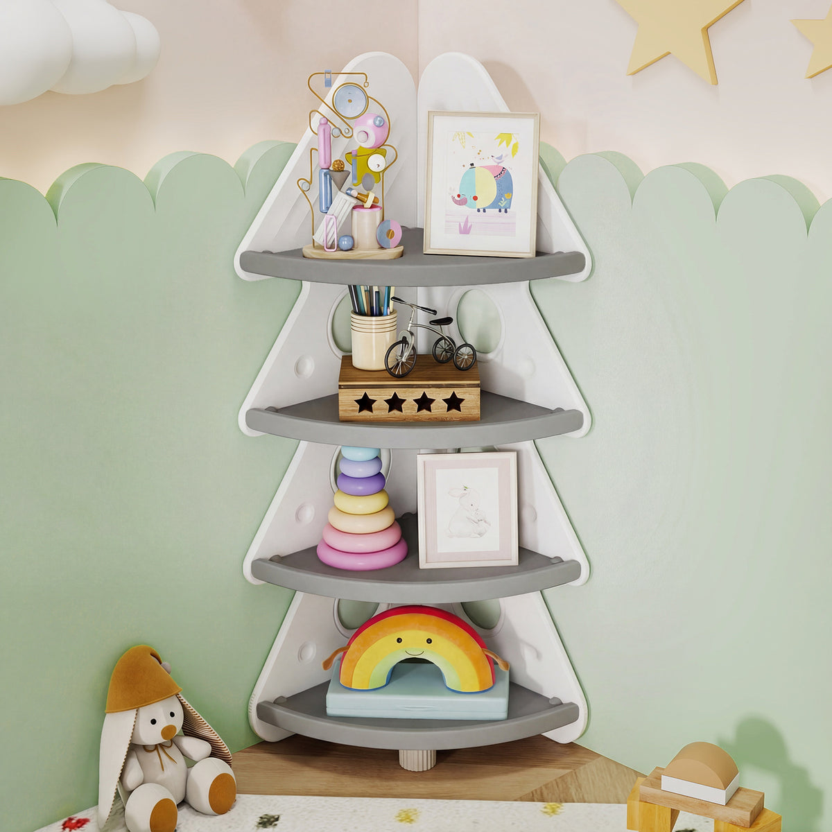 The kids storage unit is shown in a playroom, filled with toys and books