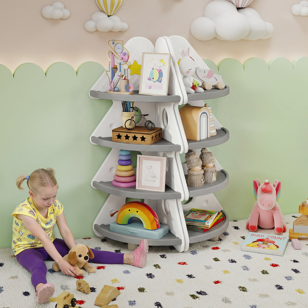 A child plays on the floor next to the white corner shelving unit, which is filled with toys