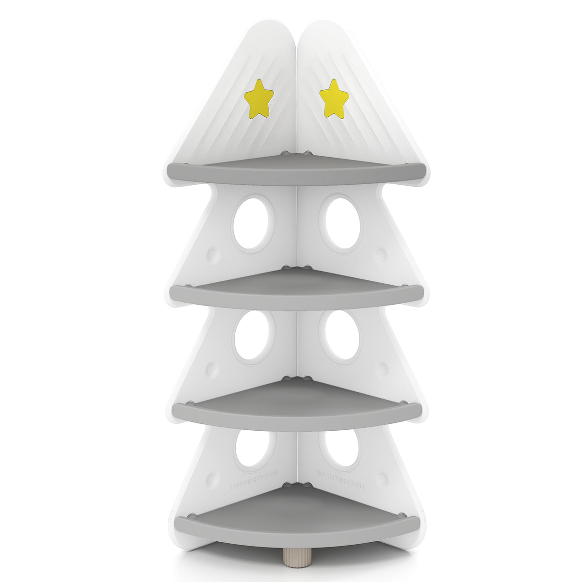 4-Tier Kids Corner Bookshelf for Kids Room and Nursery Playroom-White, a white corner unit with grey shelves and yellow stars