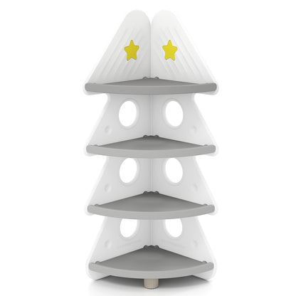 4-Tier Kids Corner Bookshelf for Kids Room and Nursery Playroom-White, a white corner unit with grey shelves and yellow stars