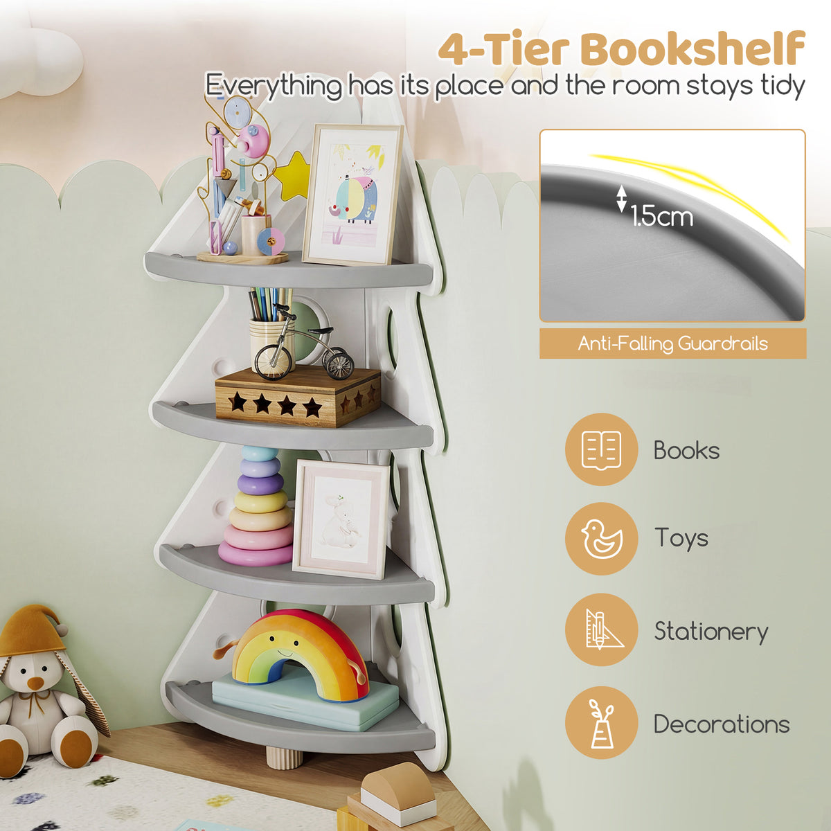 The white corner shelving unit is shown with icons indicating it can hold books, toys, stationery and decorations