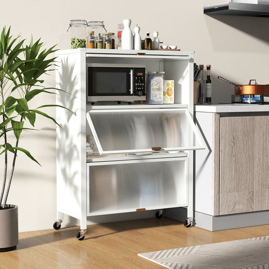 The baker's rack with a microwave and jars on shelves in a kitchen setting