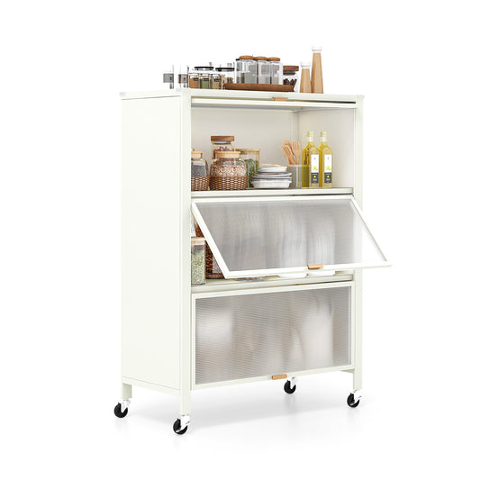 4-Tier Kitchen Bakers Rack with flip doors and lockable wheels in white