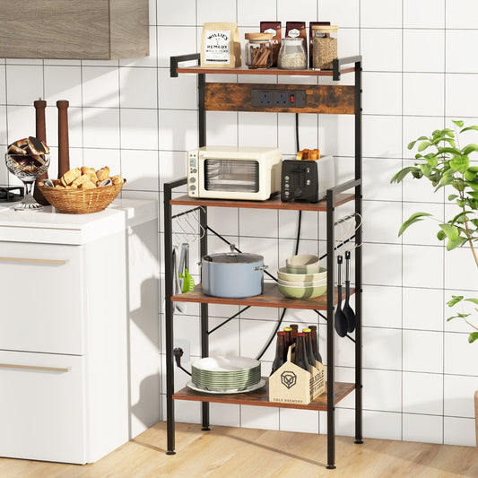 The kitchen rack holding a toaster, microwave, pots, and bowls in a bright tiled kitchen