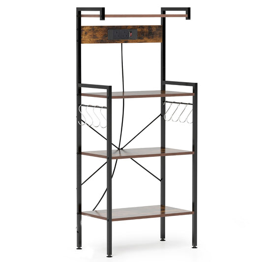 4-Tier Kitchen Bakers Rack with a black metal frame and wooden shelves against a white background