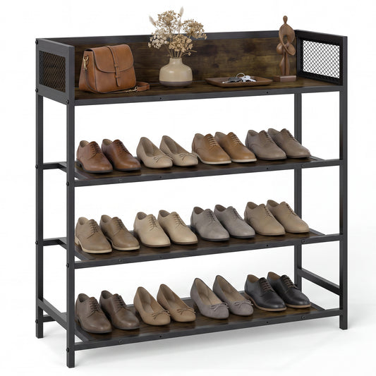 4-Tier Shoe Rack industrial shoe organizer with heavy duty metal frame in brown