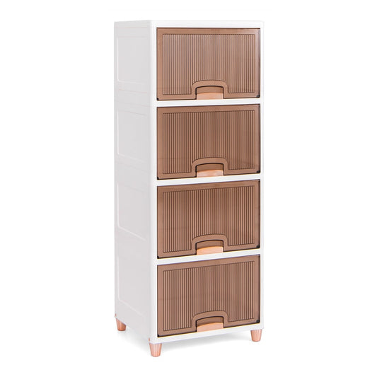 4-Tier Storage Bins with white frame and four brown translucent doors on a plain white background