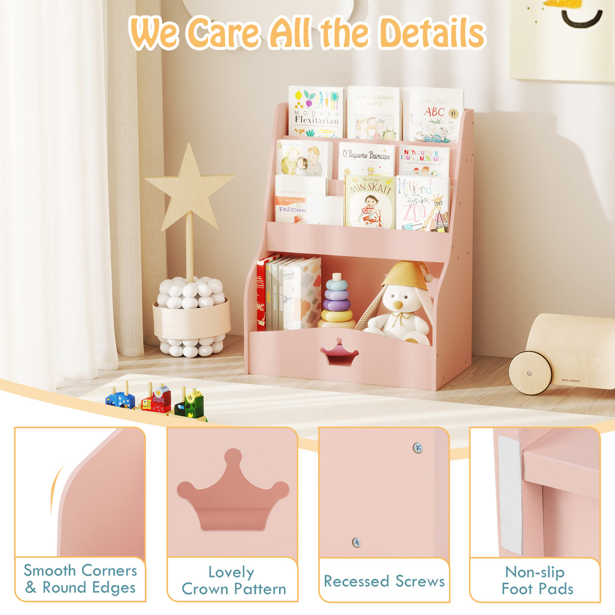 Close up details of the pink kids storage unit, showing smooth corners, crown pattern and recessed screws