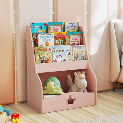 Pink kids storage unit filled with books and toys, including a turtle and a unicorn