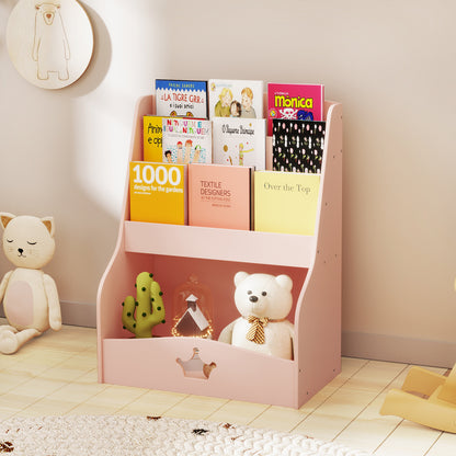 Pink kids storage unit with books and a teddy bear on the shelves, shown in a nursery room setting