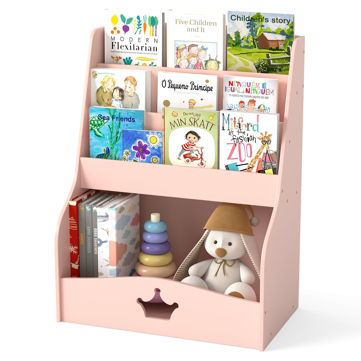 4-Tier Wooden Kids Bookshelf Bookcase Toy Storage Organizer in pink, with books and toys displayed on its shelves