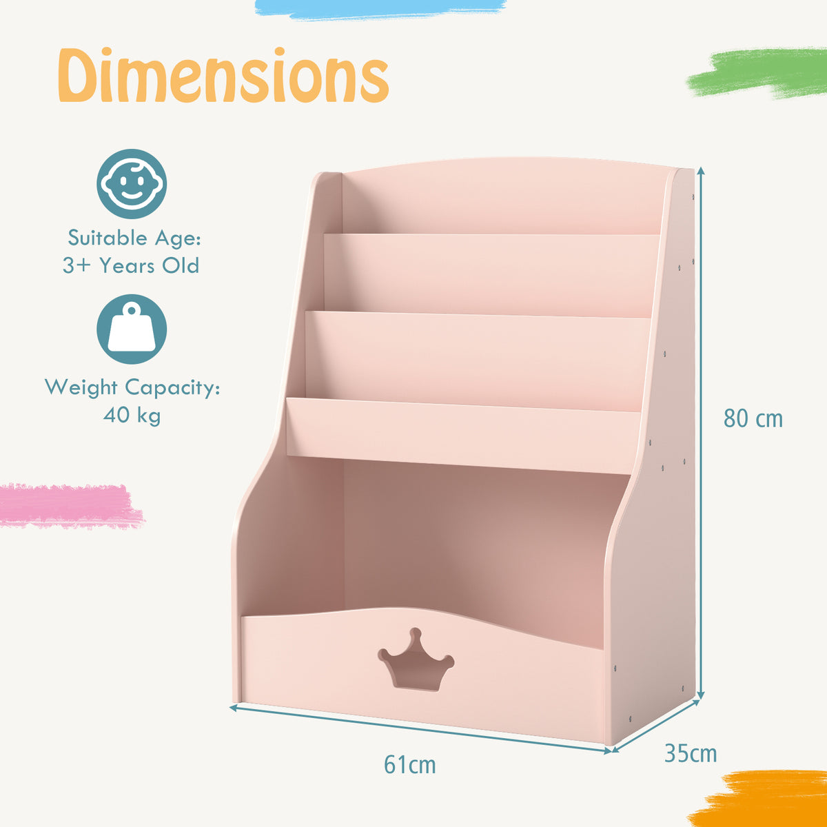 Dimensions diagram of the pink kids storage unit, showing height, width and depth