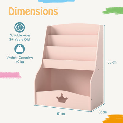 Dimensions diagram of the pink kids storage unit, showing height, width and depth