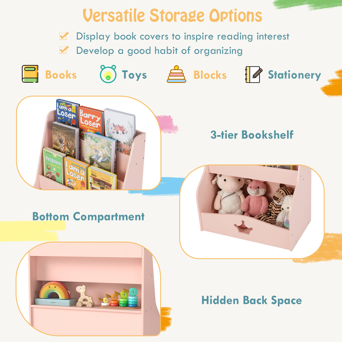 Collage showing the versatility of the pink kids storage unit for books, toys and stationery