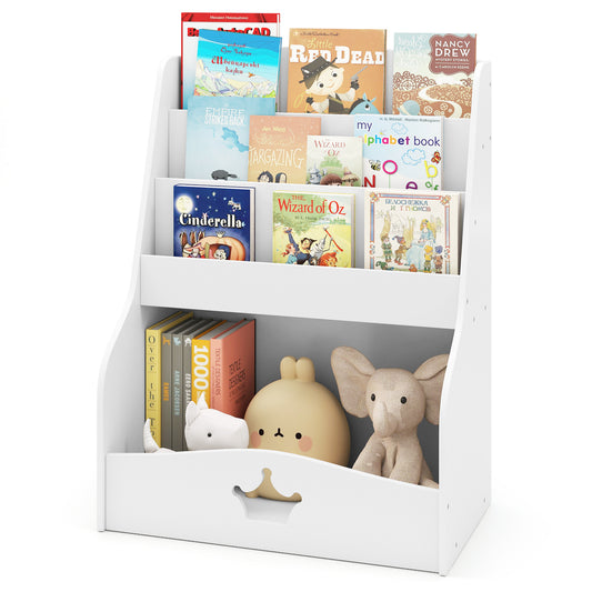 4-Tier Wooden Kids Bookshelf Bookcase Toy Storage Organizer-White, a white wooden bookshelf with four tiers of books and toys