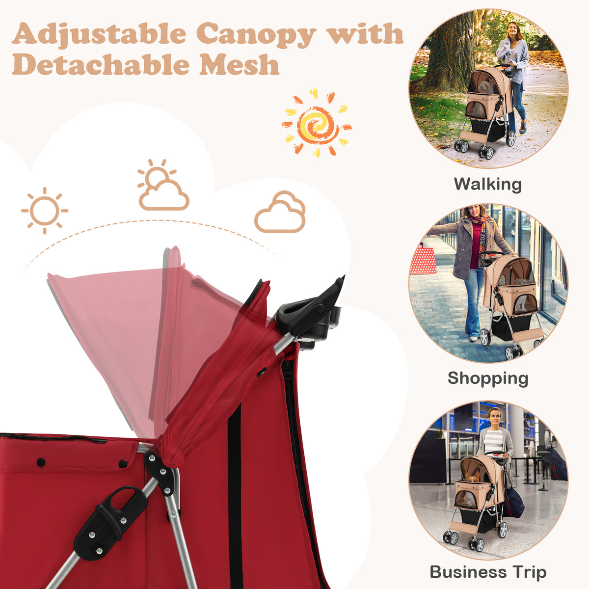 Close-up of the adjustable canopy on the red four-wheel pet stroller